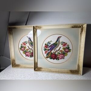 Pair of wood framed colourful bird cross stitch art pieces